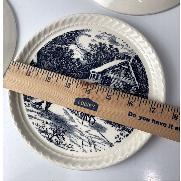 Vintage Royal Currier & Ives Dessert Plates Sleigh Ride Blue White Set of 4 - Picture 4 of 7